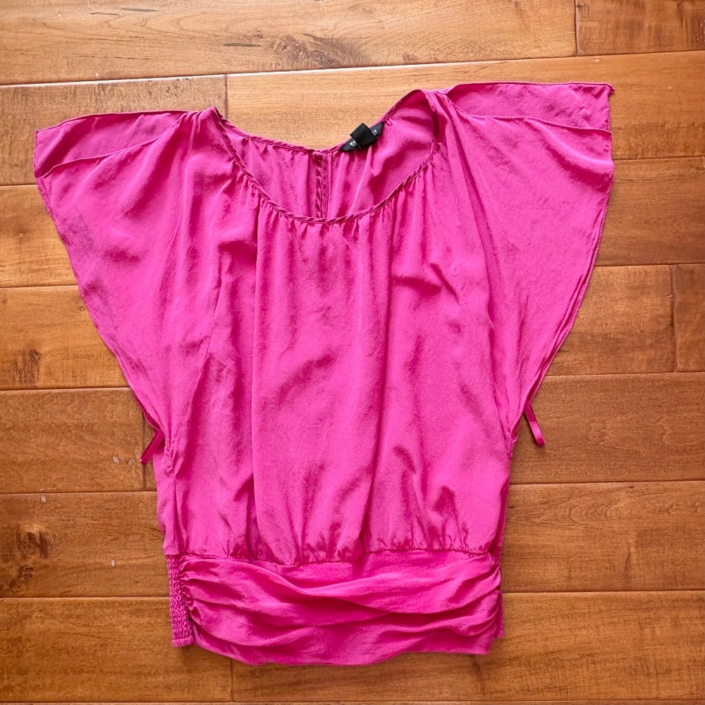 White House Black Market Flutter Split-Sleeve 100% Silk Top Sz‎ L Hot Pink